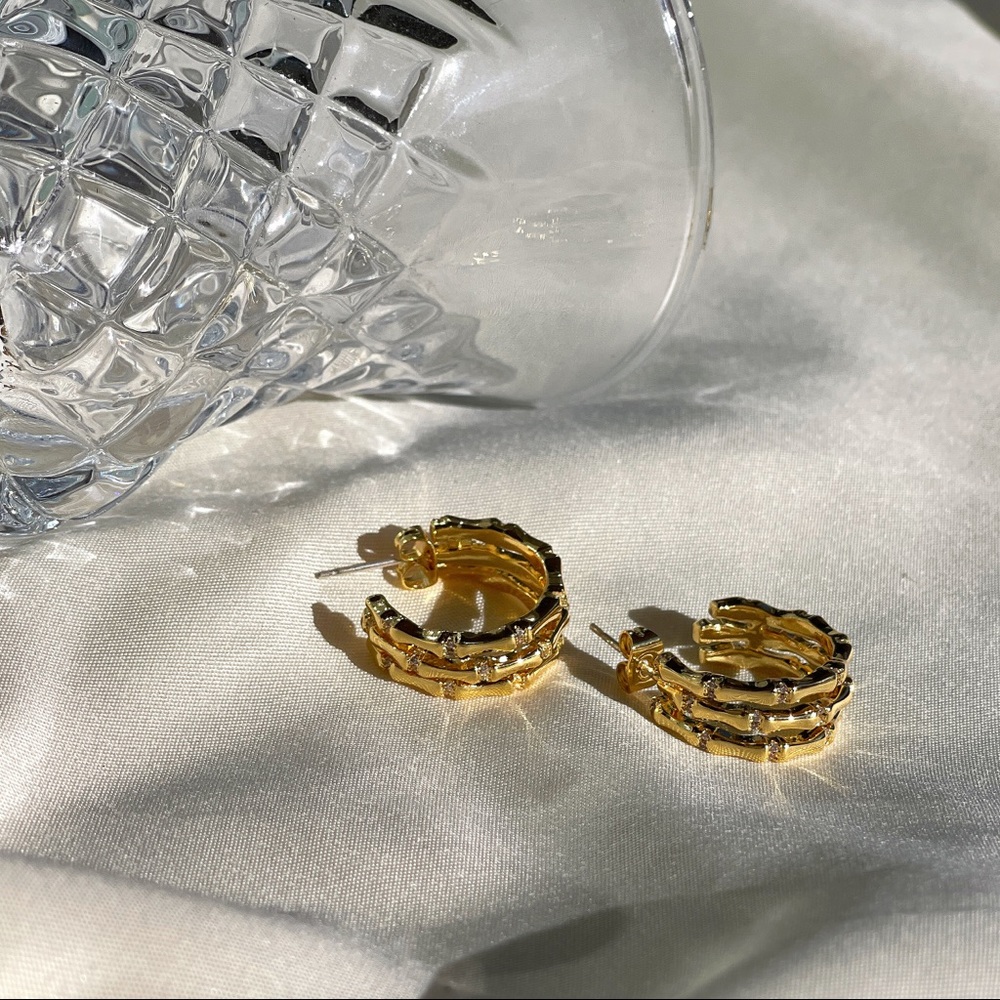 CLOSING SALE! 💕18K Gold Plated Sparky Bamboo Shape Hoop Earrings - Picture 13 of 13